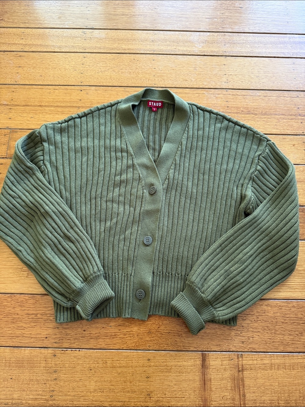 STAUD Olive Green Thick Ribbed Button-Up Cardigan